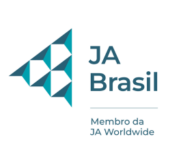Logo of the organization “JA Brasil” on a white background. On the left, a triangular symbol formed by smaller triangles in teal-blue and gray. On the right, the text “JA Brasil” in dark blue and, below it, the phrase “Member of JA Worldwide”