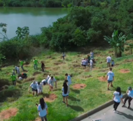 An aerial view of a grassy hillside near a lake, where a group of volunteers plants seedlings. Participants are spread out across the green grass wearing white T-shirts, near several holes dug into the reddish soil for planting native trees.