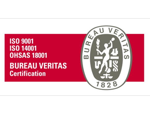 Red and gray rectangular logo of the 'Bureau Veritas' certifier. To the left, it lists the standards ISO 9001, ISO 14001 and OHSAS 18001 in white on a red background. To the right, the institution's official seal with the founding year 1828.