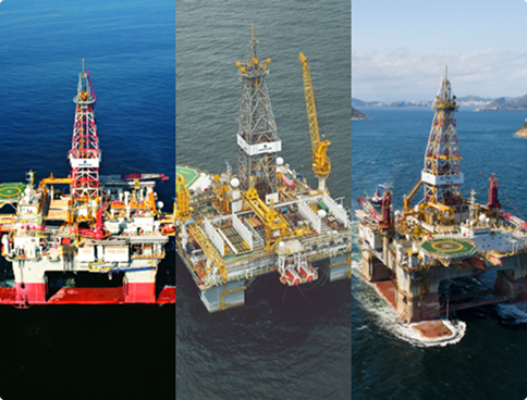 Image composed of three vertical stripes, each showing a different semi-submersible platform at sea. From left to right: the 'Gold Star' (red base), the 'Lone Star' (gray base) and the 'Alpha Star' (reddish-brown base), all with elevated derricks.