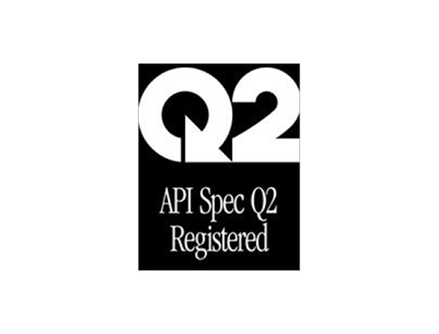 Square black seal with the stylized 'Q2' logo in white at the top. Below, the text 'API Spec Q2 Registered' in white serif font.