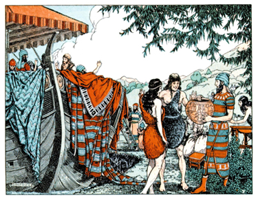 ancient Phoenician men and women in Phoenician city