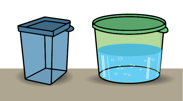 water from blue container poured into green container