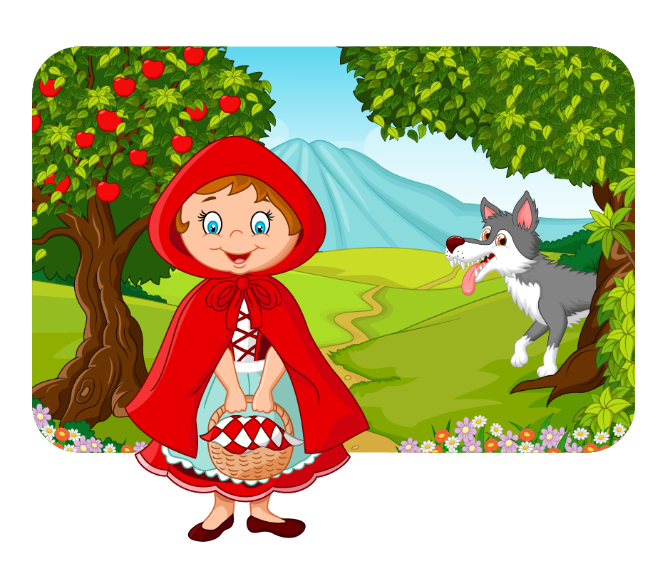 Little Red Riding Hood with a wolf in the background.
