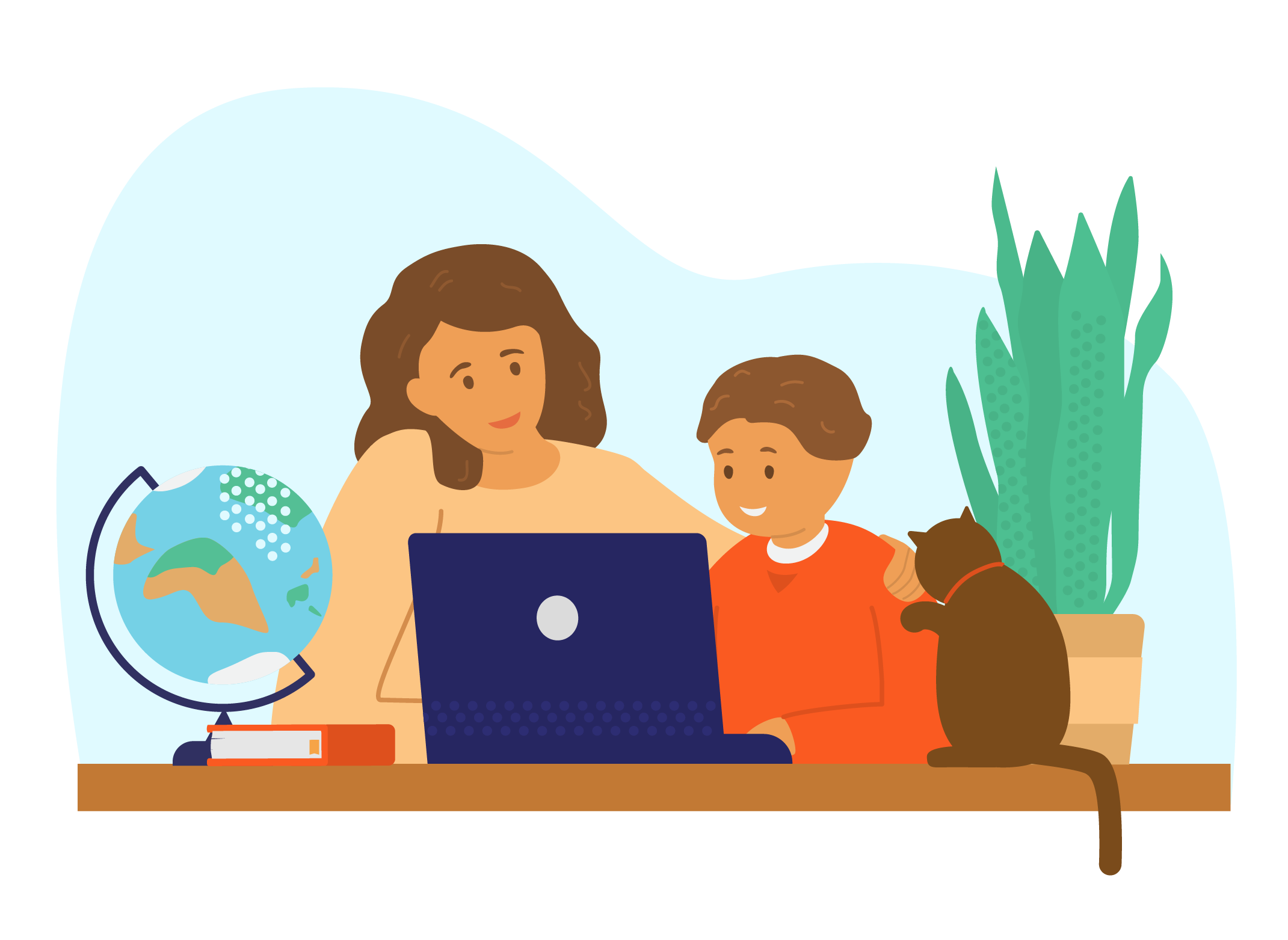 mother and son working on a laptop