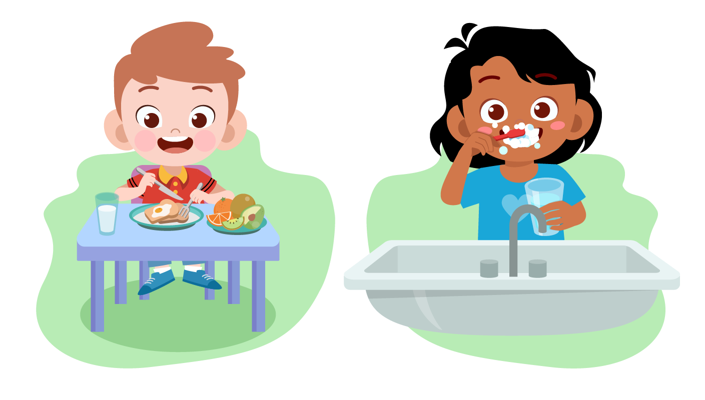 boy eating breakfast and a girl brushing her teeth