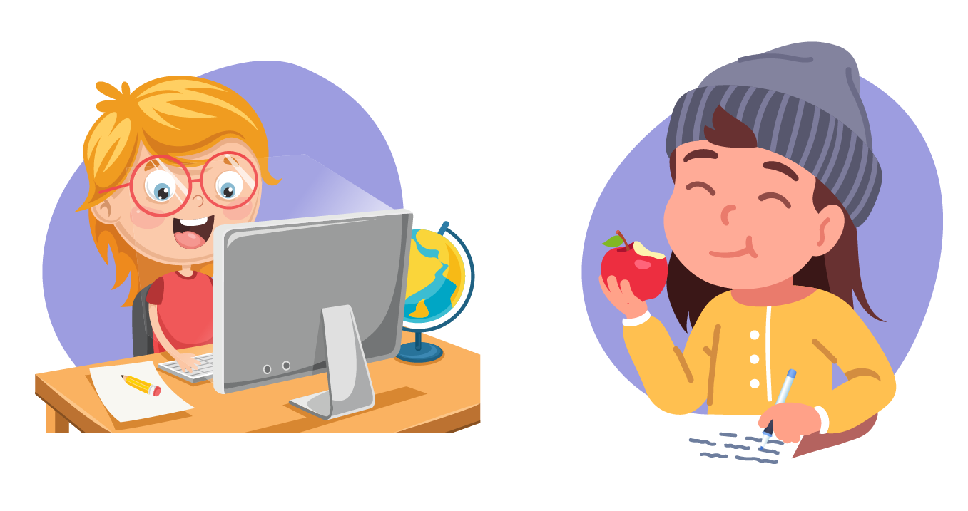 girl using a computer and boy eating an apple