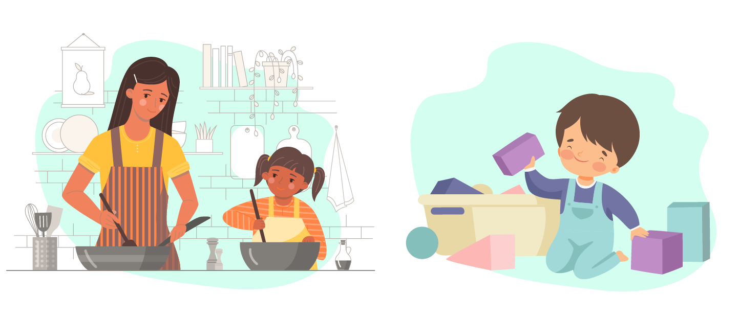 mom and daughter cooking and a boy playing with toys