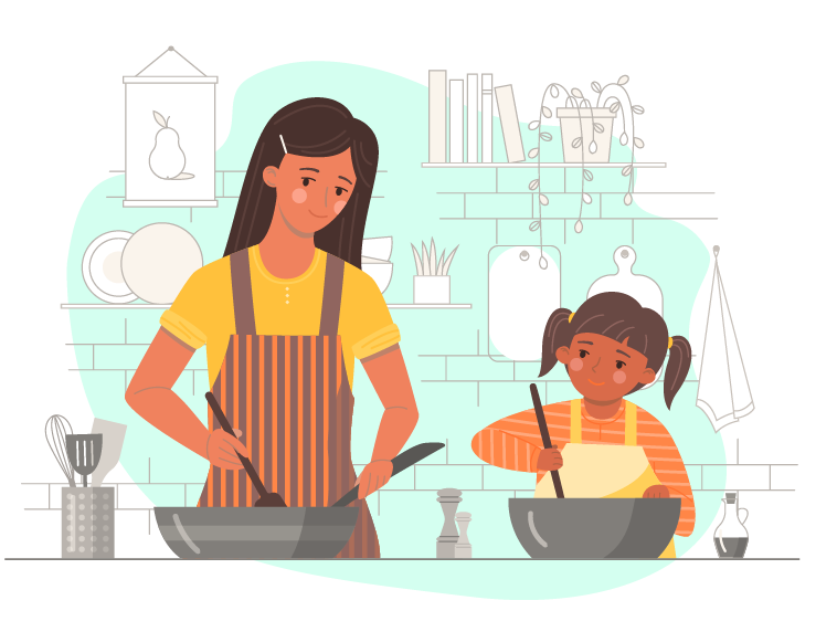 mom and daughter cooking