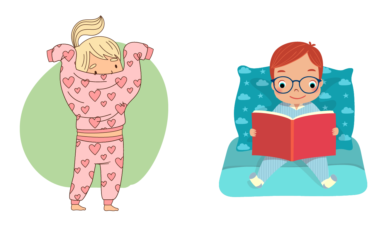 girl putting on pajamas and a boy reading in bed