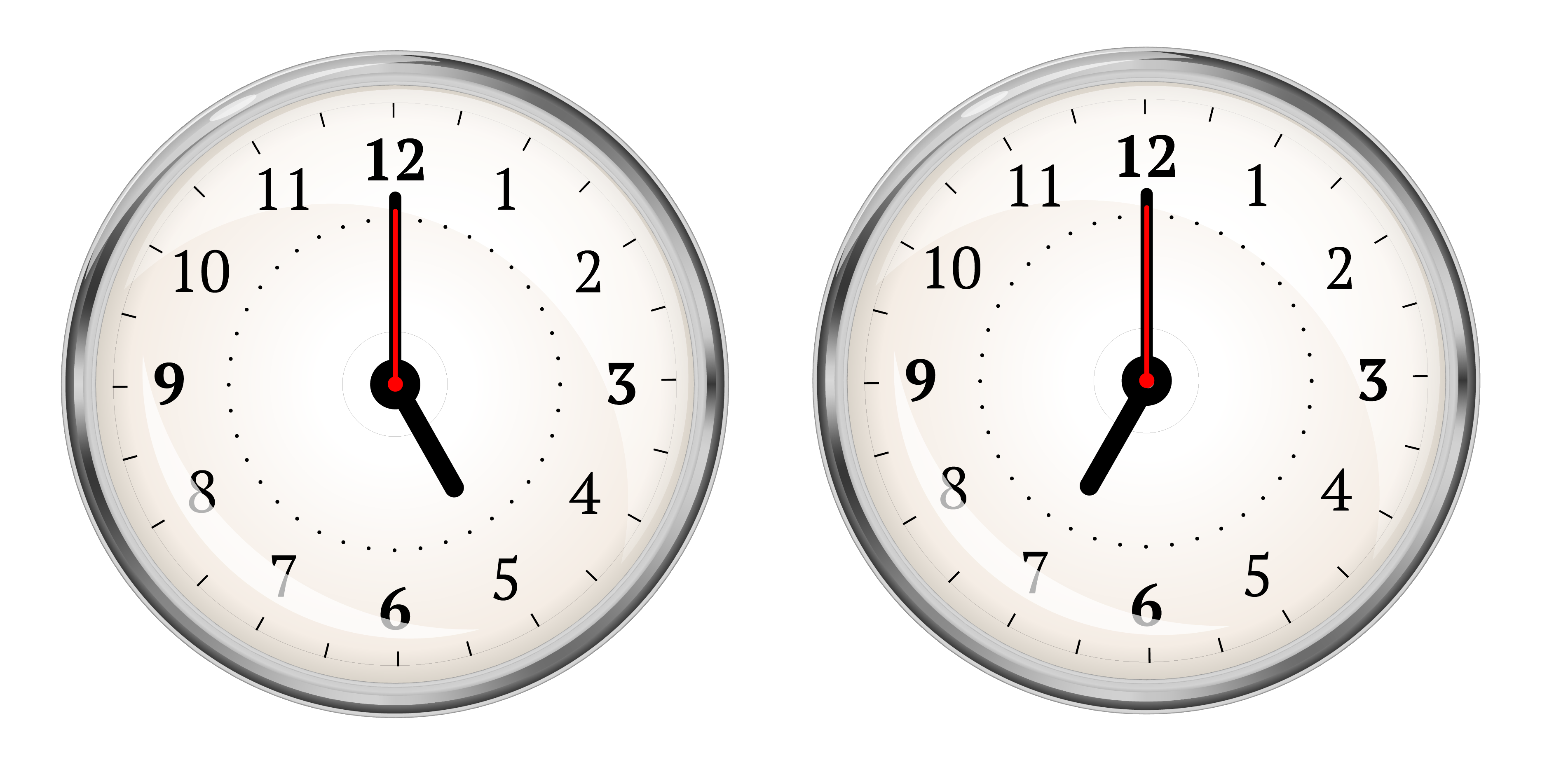 Two analog clocks. Left clock is displaying 5:00. Right clock is displaying 7:00.
