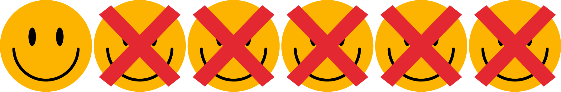 6 smiley faces;  5 crossed out