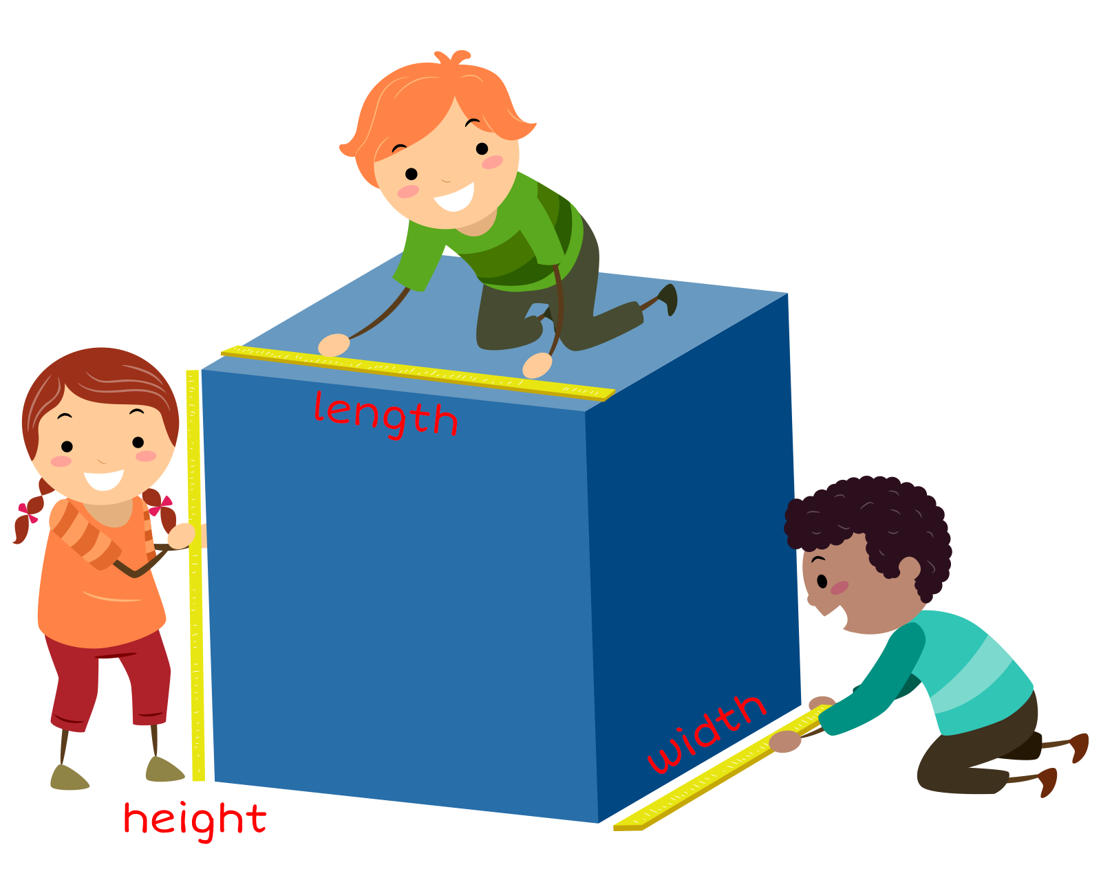 Children playing on cube showing width, length and height