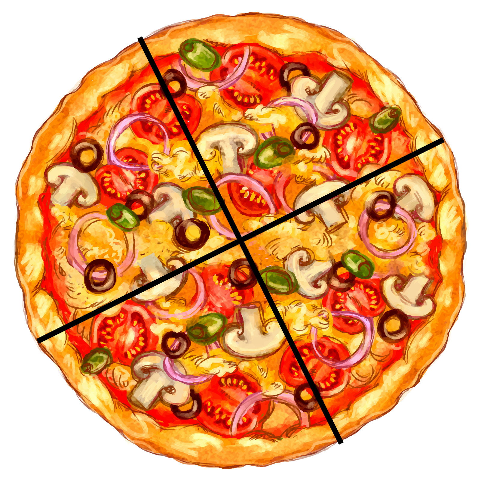 Pizza divided into fourths