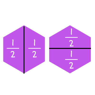 Hexagon divided into halves vertically and another hexagon divided into halves horizontally.