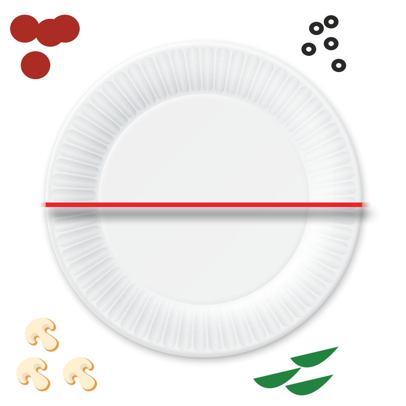 Paper plate divided into halves with pizza toppings around the plate.