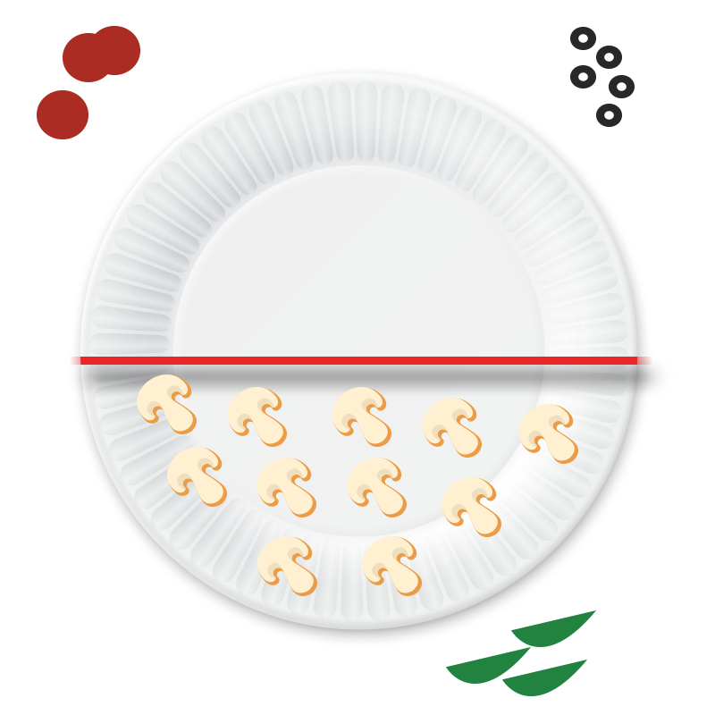 Paper plate with toppings on one half of the plate and other toppings around and off the plate.