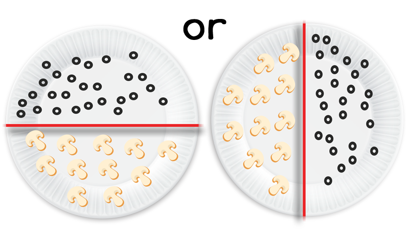Paper plate with topping on one half and another topping on the other half of the plate.