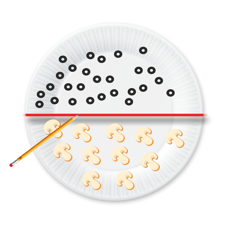 Paper plate with pencil and topping one half and another topping on the other half.