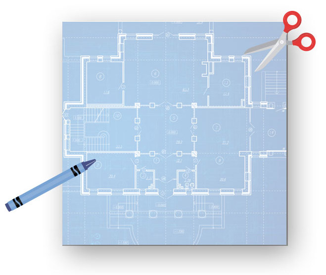 Blueprint with crayon and scissors.