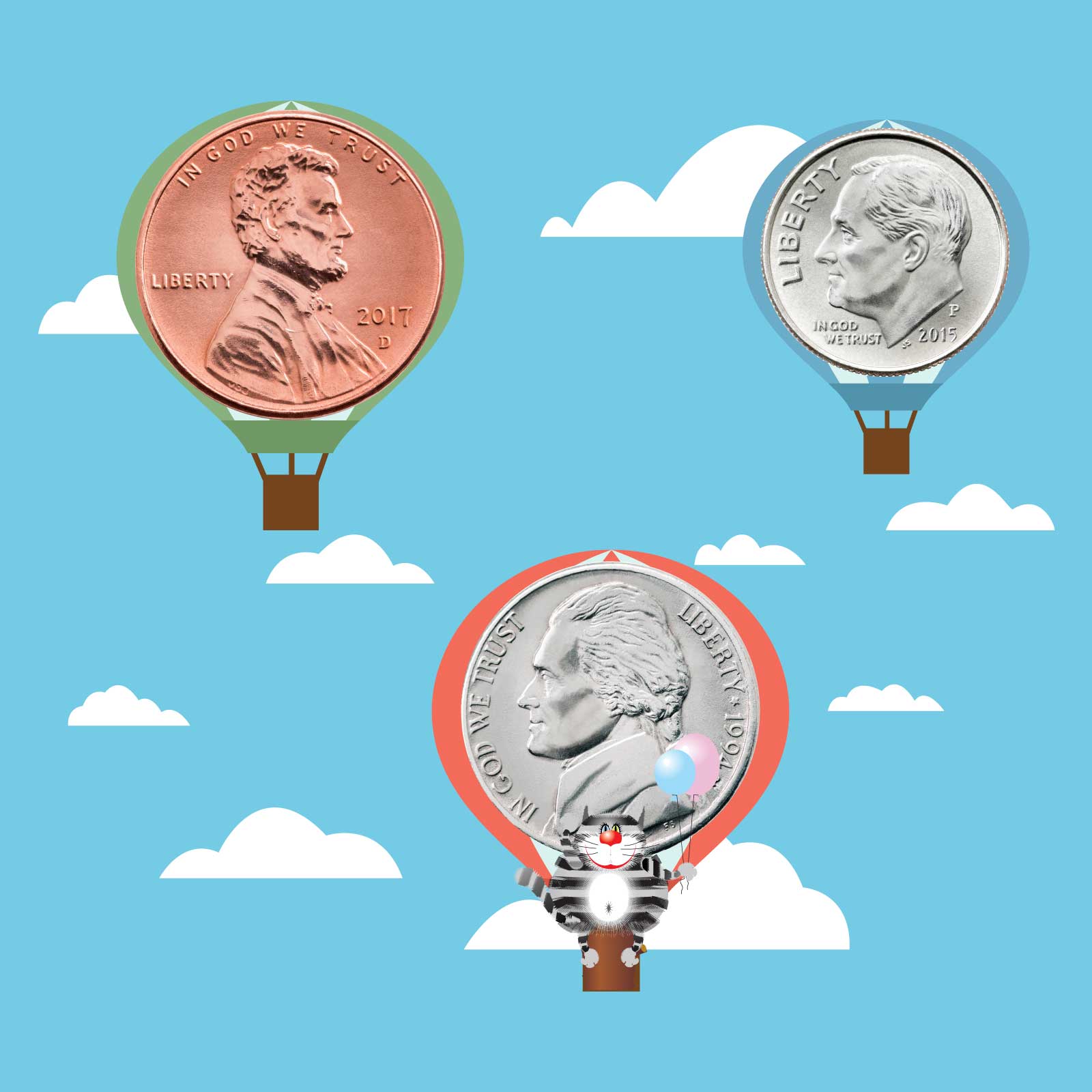 Sky scene with Stripes the Cat floating by counting coins