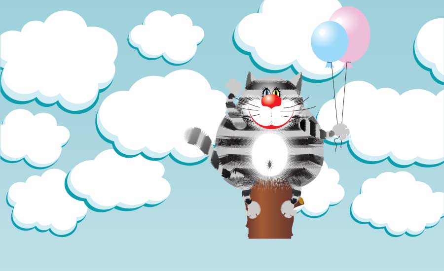 A cat floating in the clouds holding 2 balloons