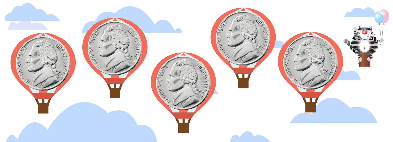 5 nickel balloons with cat counting