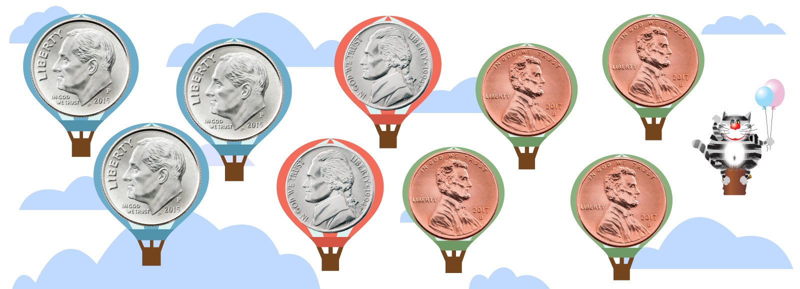 3 dime balloons, 2 nickel balloons, and 4 penny balloons with cat counting