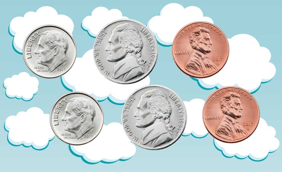 A cloud scene with 2 dimes, 2 nickels, and 2 pennies floating