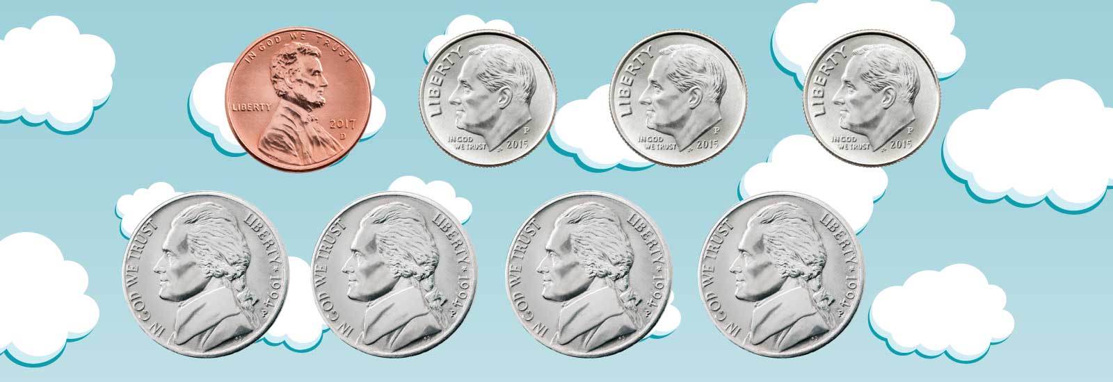A cloud scene with 3 dimes, 4 nickels, and 1 penny floating