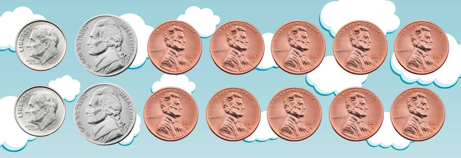 A cloud scene with 2 dimes, 2 nickels, and 10 pennies floating