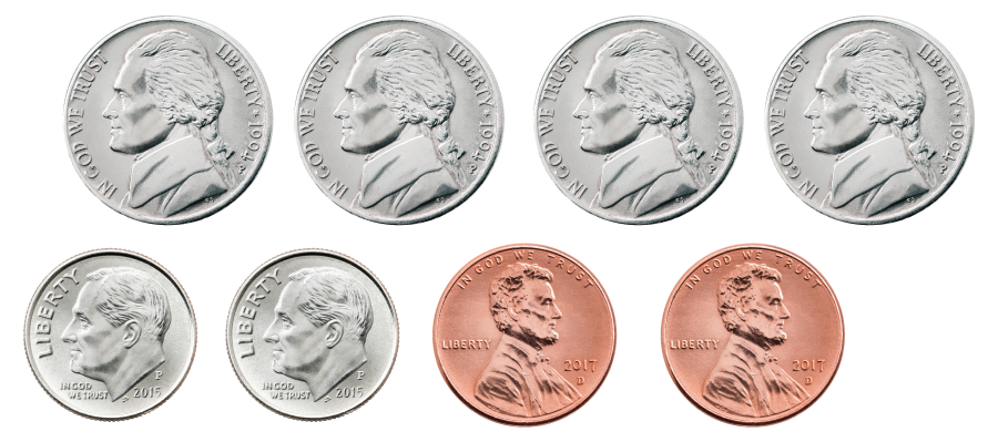 2 dimes, 4 nickels, and 2 pennies