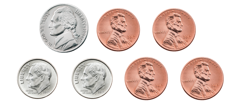 2 dimes, 1 nickel, and 4 pennies