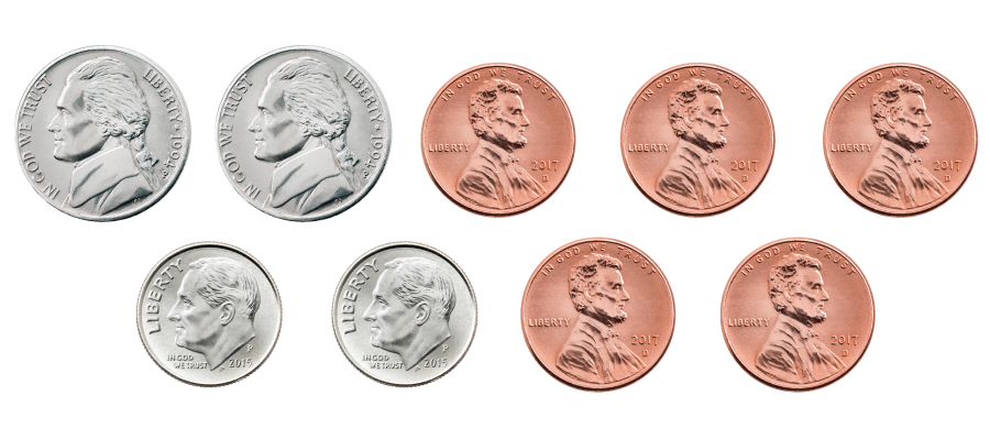 2 dimes, 2 nickels, and 5 pennies