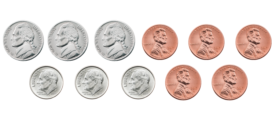 3 dimes, 3 nickels, and 5 pennies