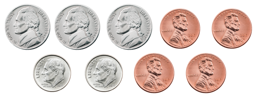 2 dimes, 3 nickels, and 4 pennies