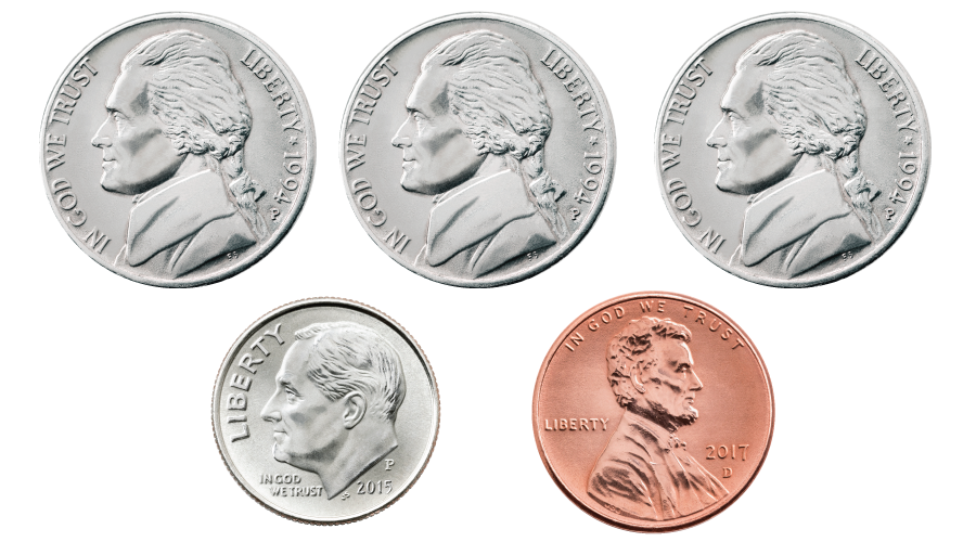 1 dime, 3 nickels, and 1 penny