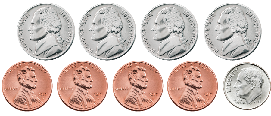 1 dime, 4 nickels, and 4 pennies