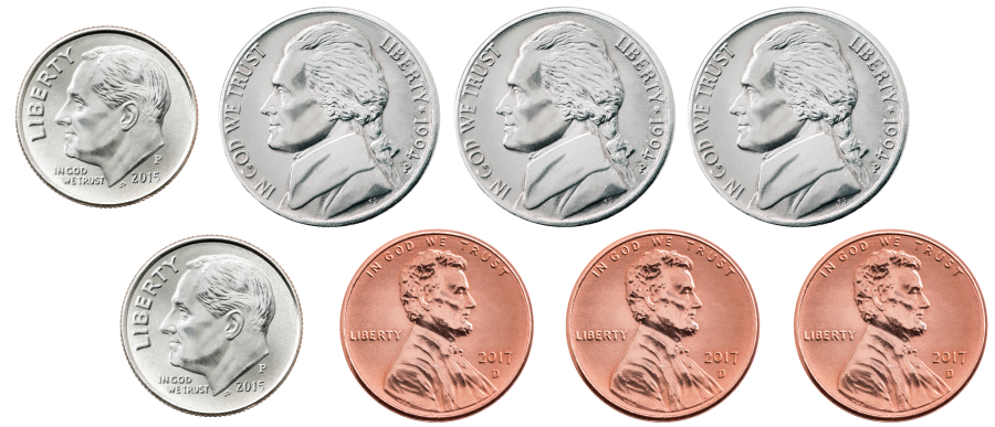 2 dimes, 3 nickels, and 3 pennies