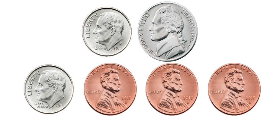 2 dimes, 1 nickel, and 3 pennies