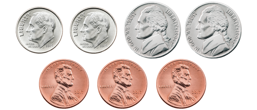 2 dimes, 2 nickels, and 3 pennies