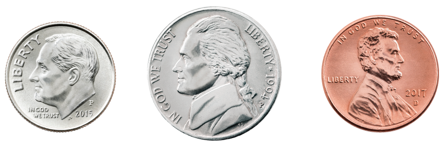 1 dime, 1 nickel, and 1 penny