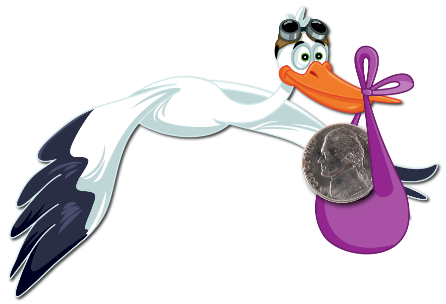 Sully the Stork with a nickel