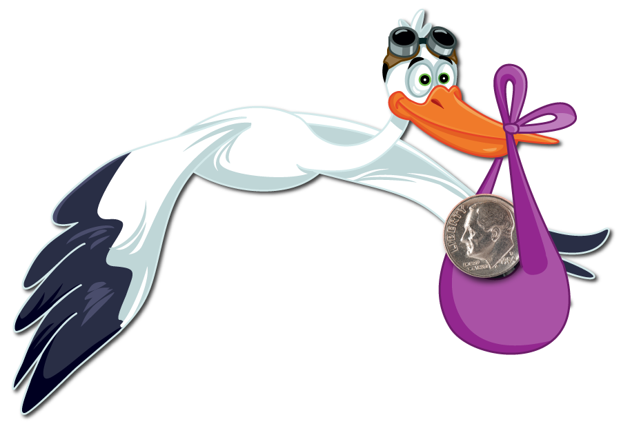 Sully the Stork with a dime