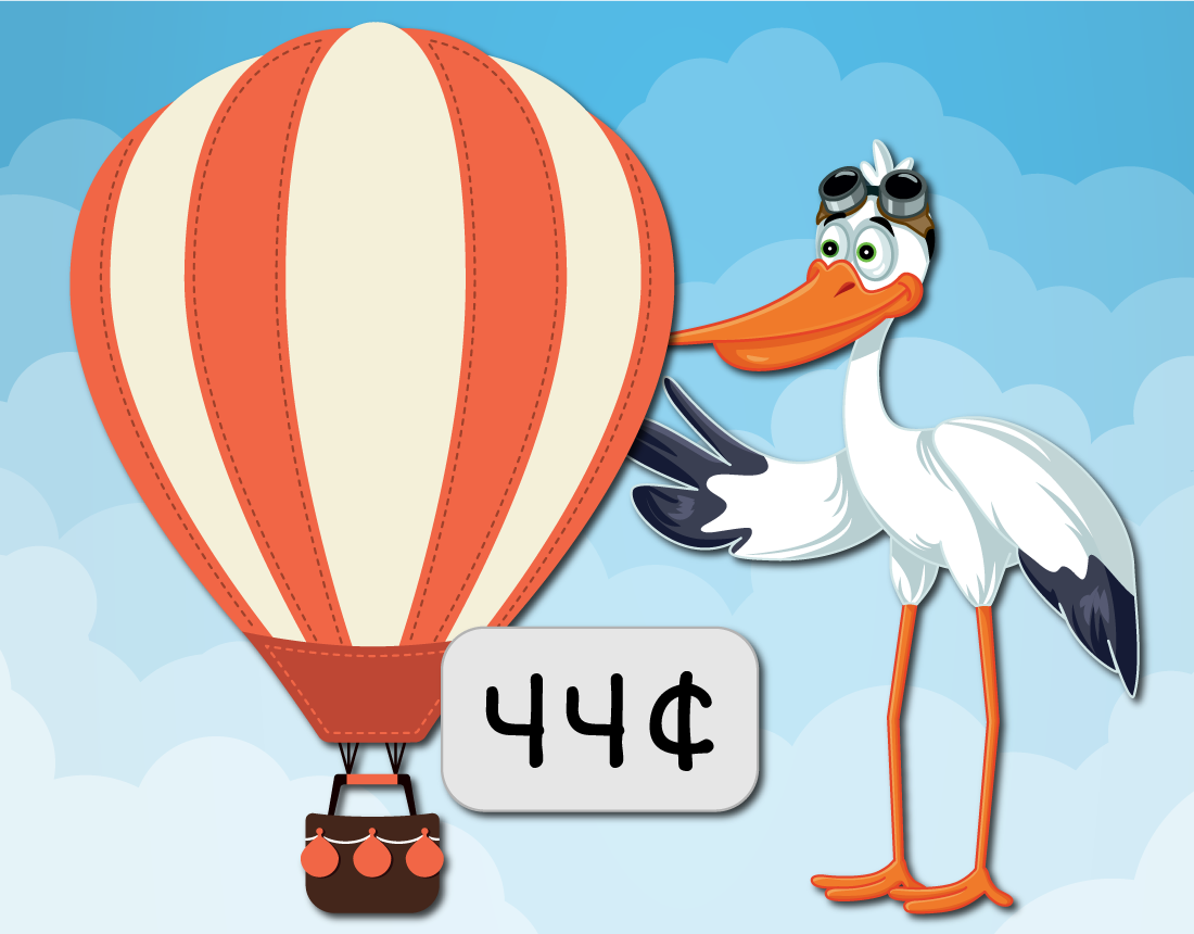 Sully the Stork next to a hot-air balloon