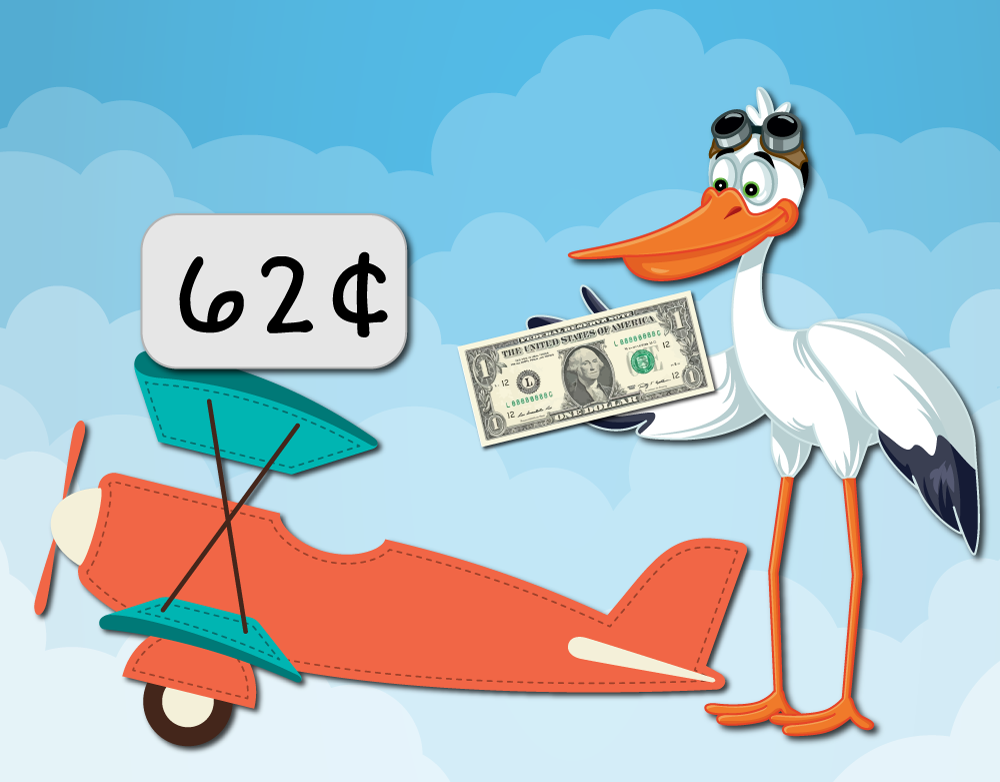 airplane with 62 cents as a flying tag