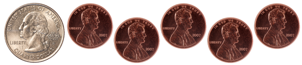 1 quarter, 5 pennies 