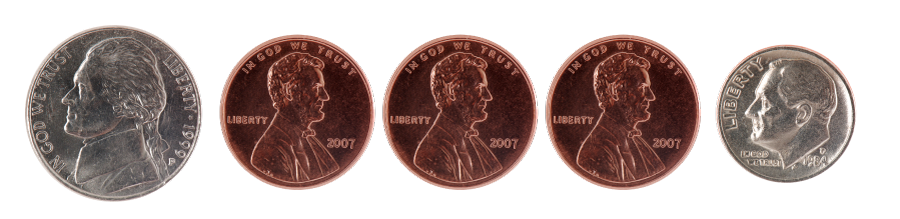 1 dime, 1 nickel, 3 pennies
