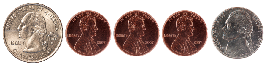 1 quarter, 1 nickel, 3 pennies
