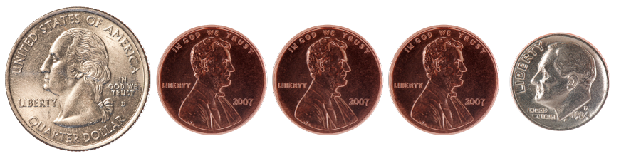 1 quarter, 1 dime, 3 pennies